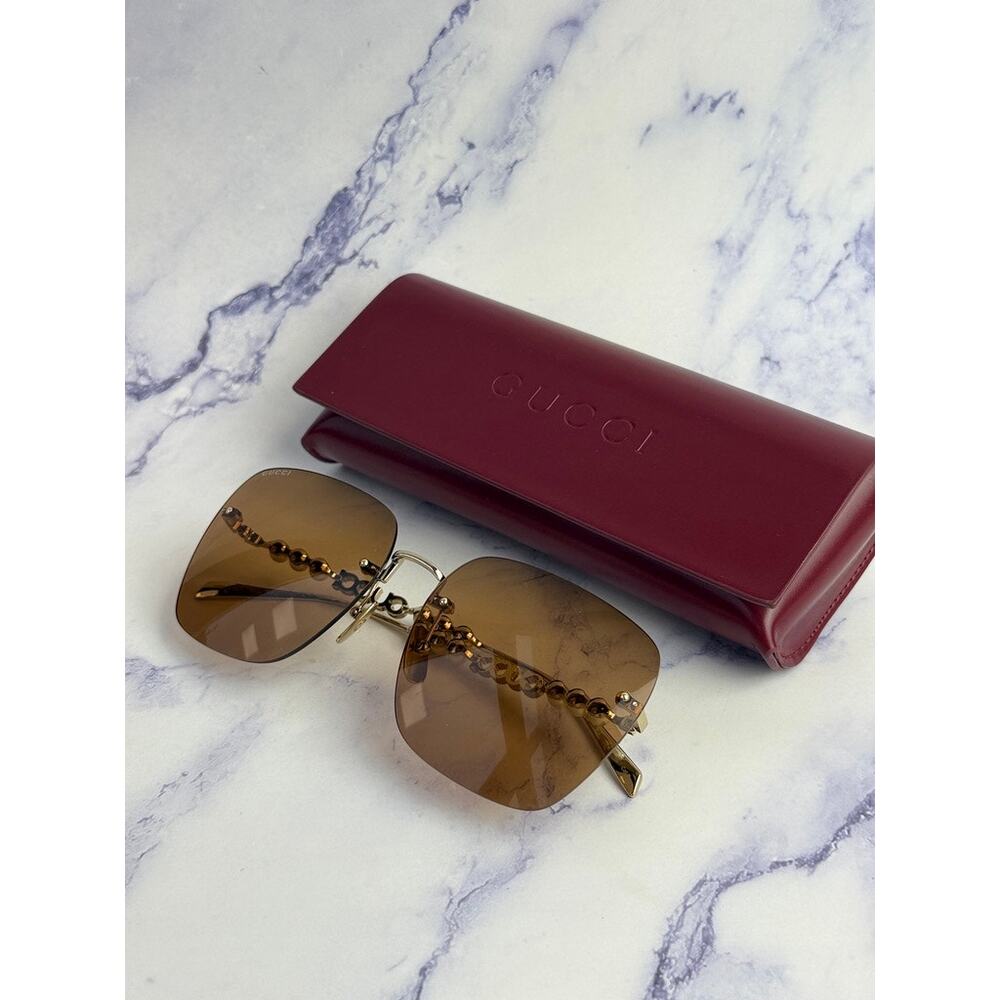 NEW Gucci GG1923SA Gold Brown Square Pearl Sunglasses - Picture 2 of 8